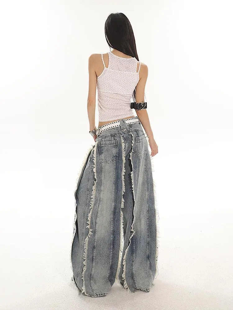 Indigo Fringe Design Flared Wide-Leg Denim Pants