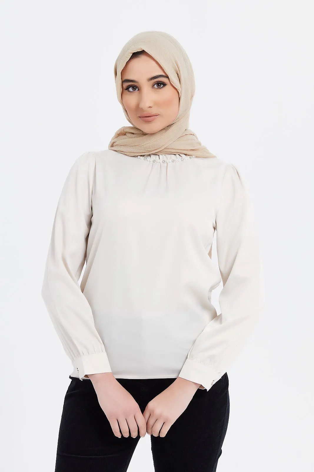 Ivory Perl Neck Trim Detailed Satin Blouse