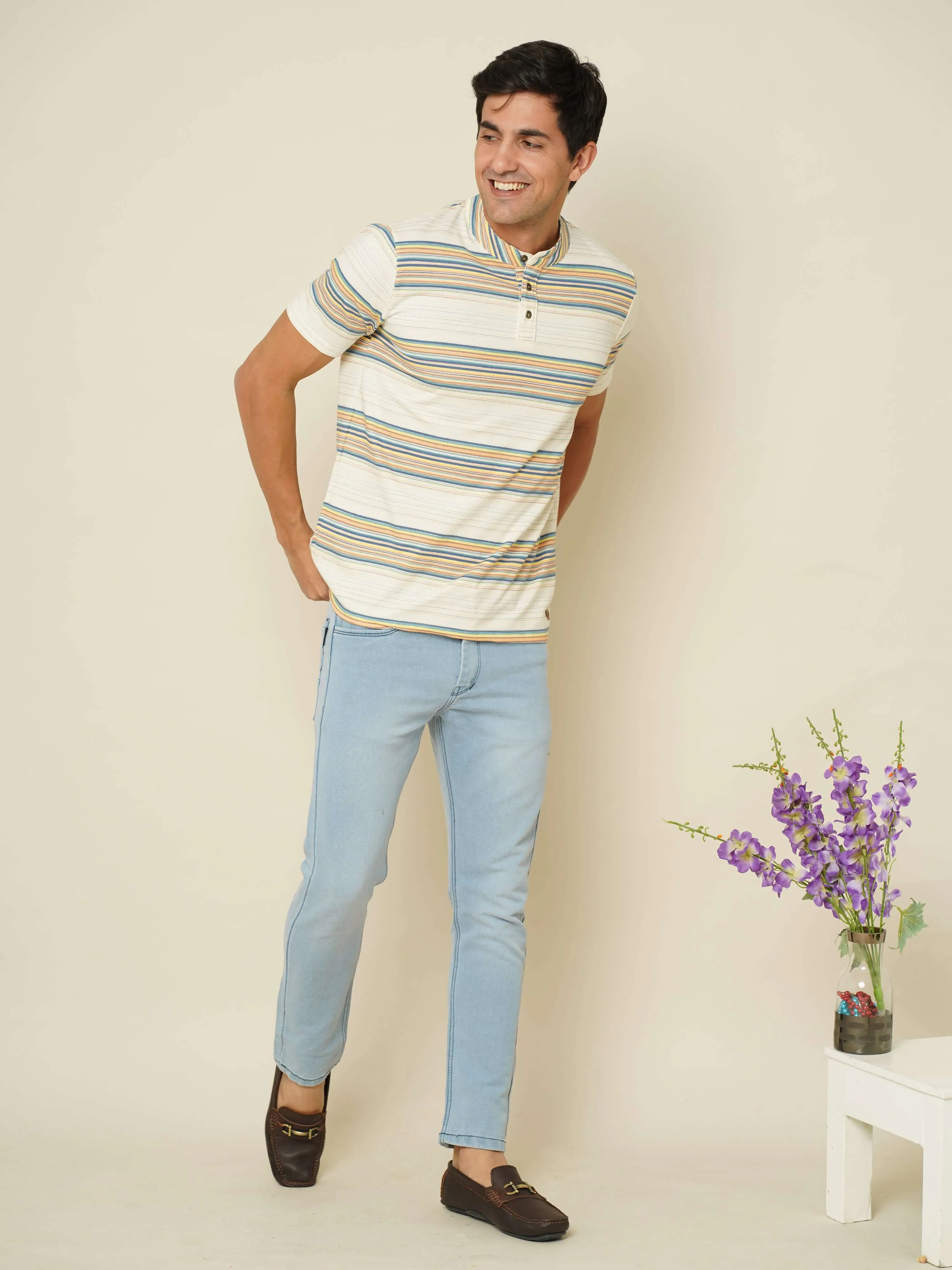 Ivory Stride Stripes Henley T-shirt