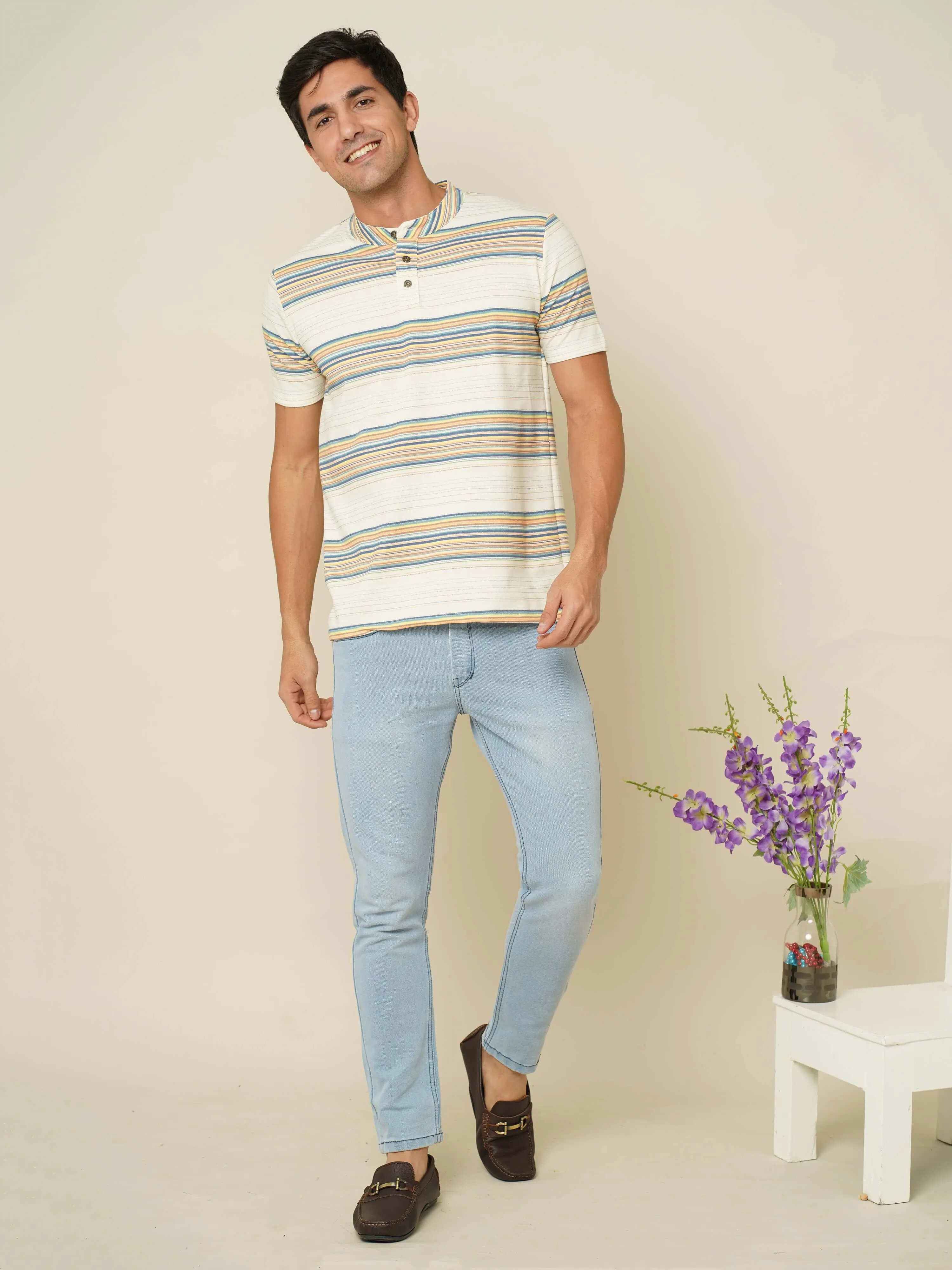 Ivory Stride Stripes Henley T-shirt