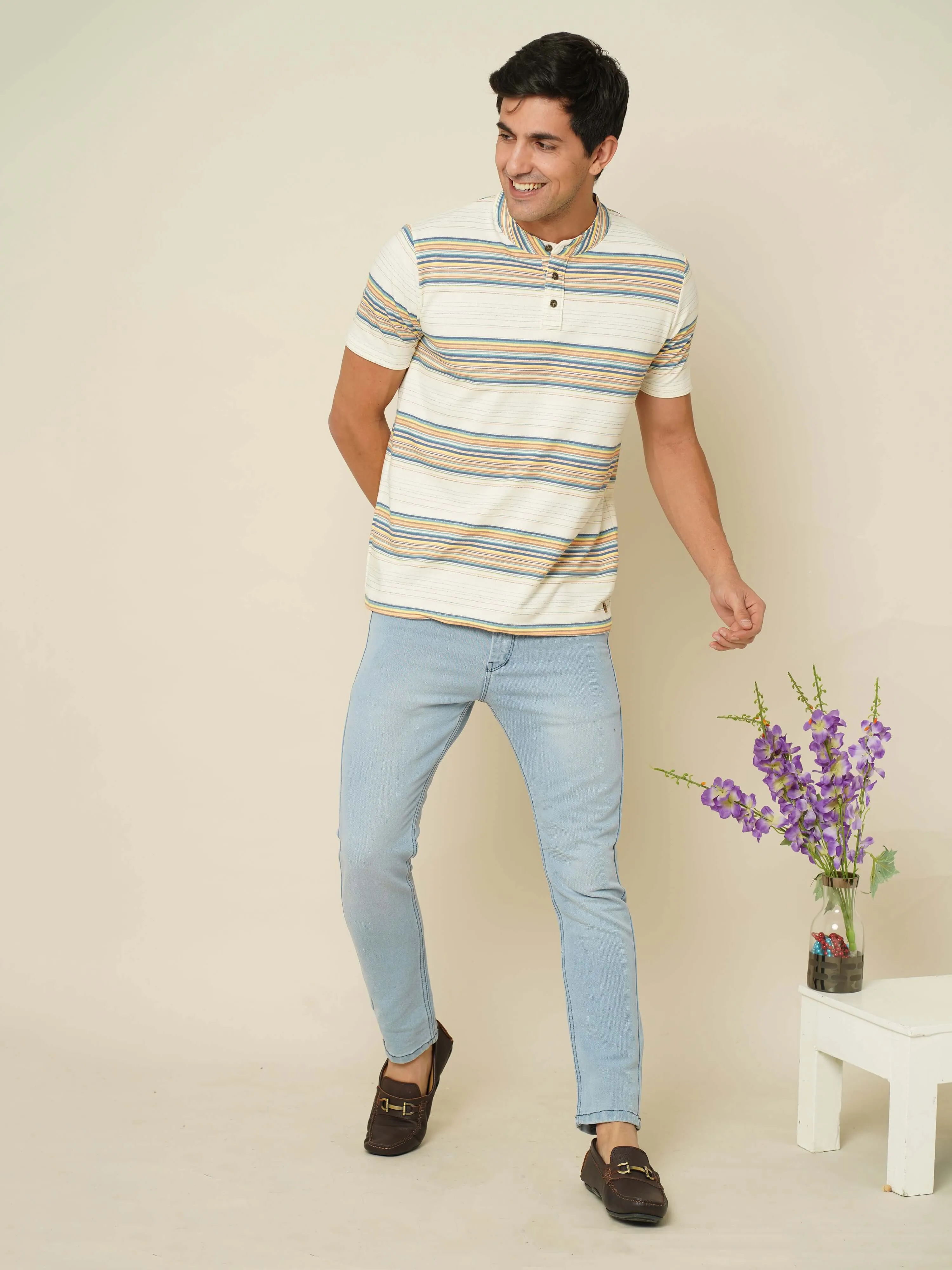 Ivory Stride Stripes Henley T-shirt