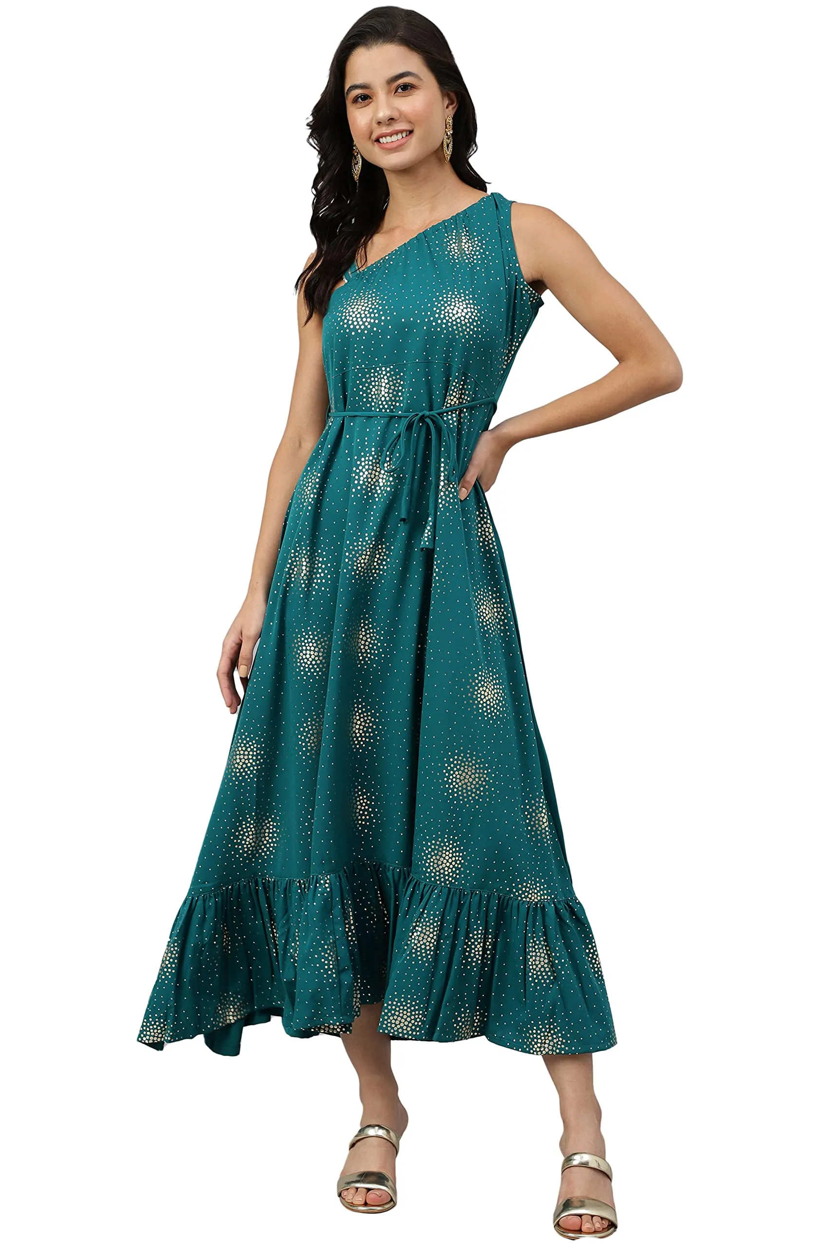 Janasya Women's Teal Green Poly Crepe Printed Flared Kurta