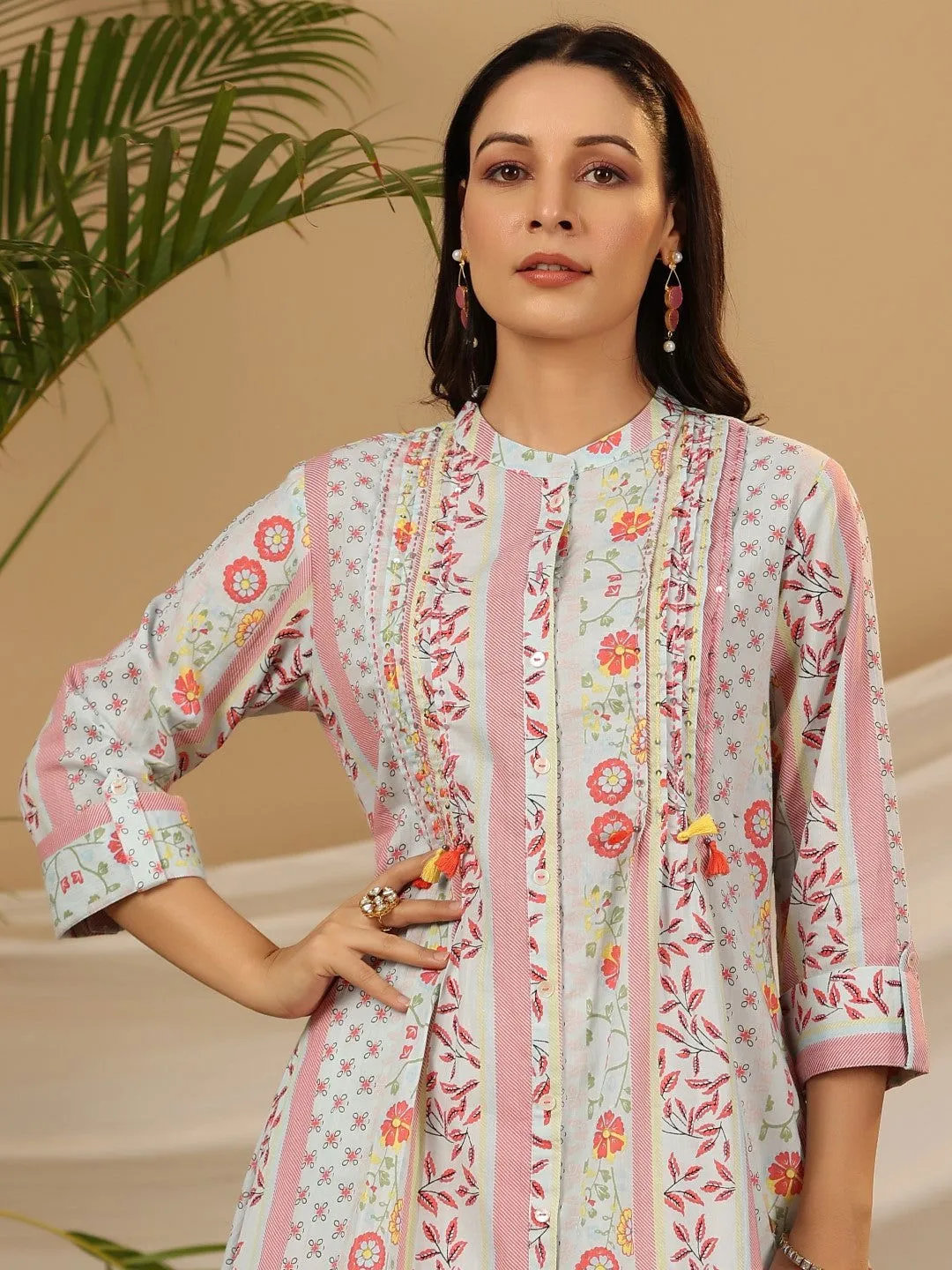 Jashvi Blue Floral Printed Cotton Cambric Kurta With Sequins Work