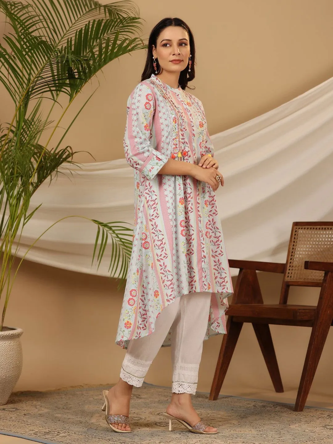 Jashvi Blue Floral Printed Cotton Cambric Kurta With Sequins Work