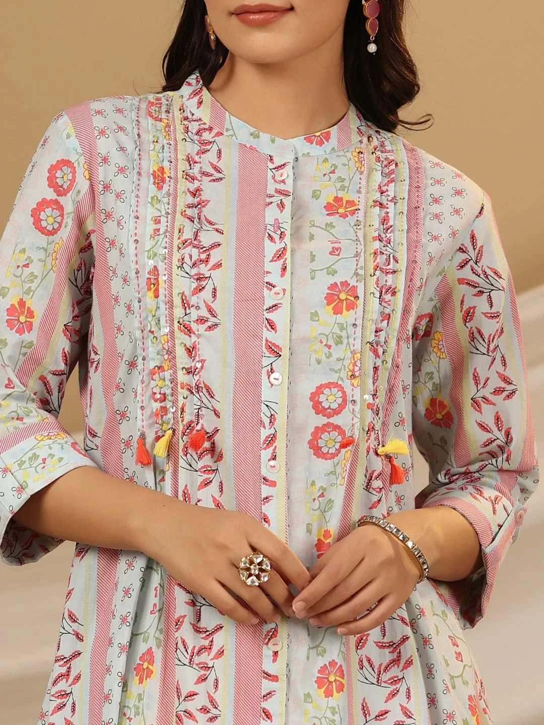 Jashvi Blue Floral Printed Cotton Cambric Kurta With Sequins Work