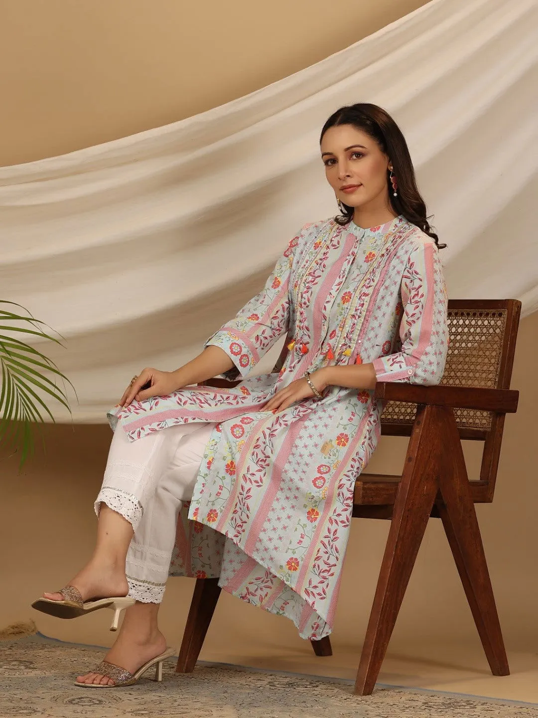 Jashvi Blue Floral Printed Cotton Cambric Kurta With Sequins Work