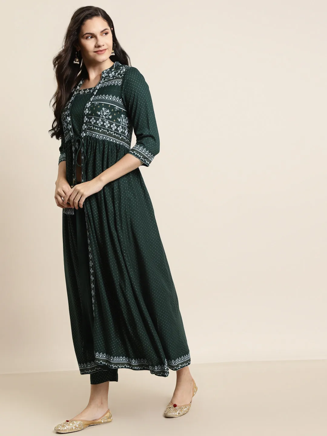 Jashvi Jade Green Ethnic Motif Printed Rayon Jacket Style Kurta & Pants Set.