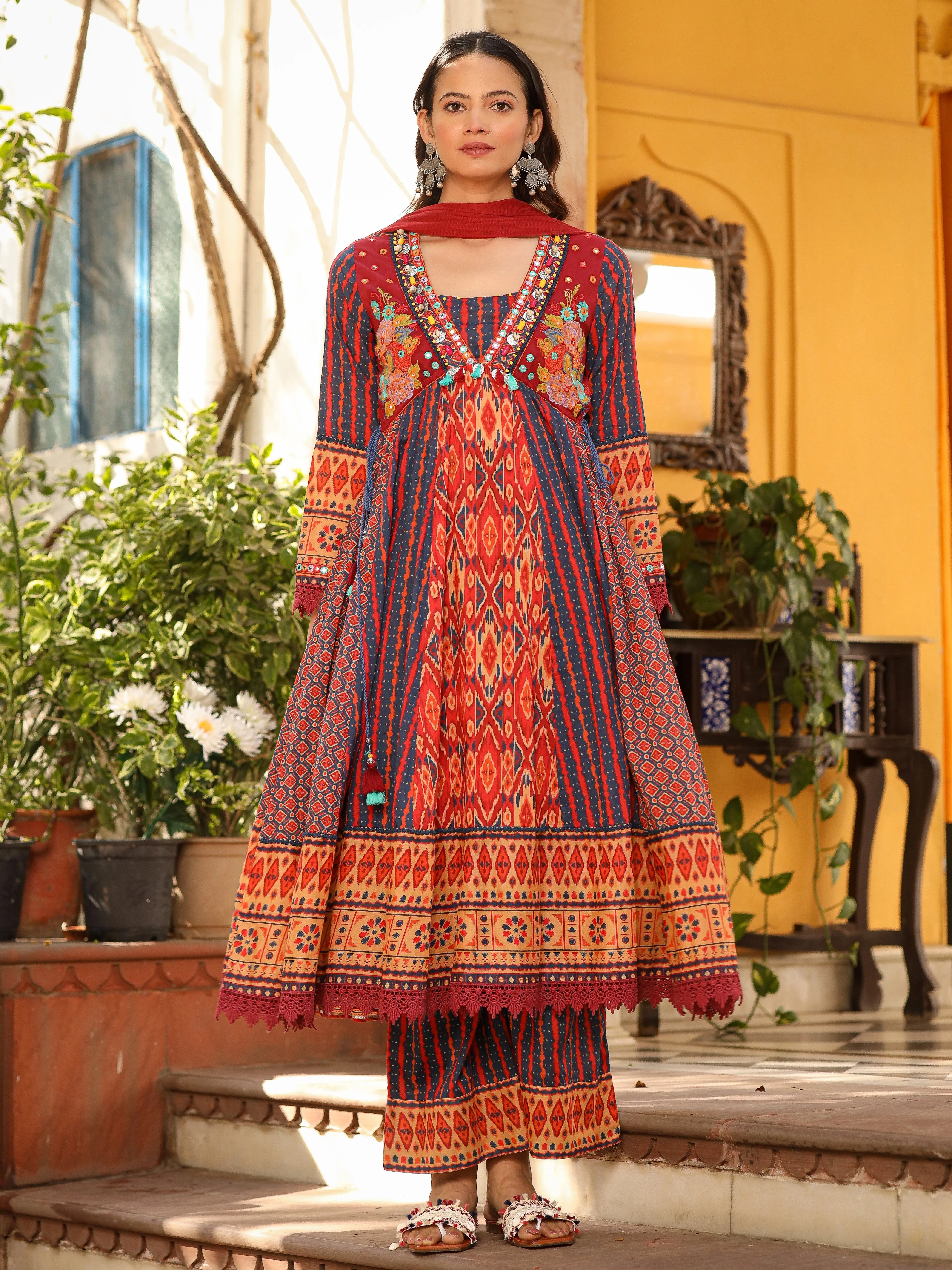 Jashvi Rust Pure Cotton Ikat Printed Alia Cut Anarkali Kurta With Pant And Dupatta Set With Tassels & Thread  Embroidery