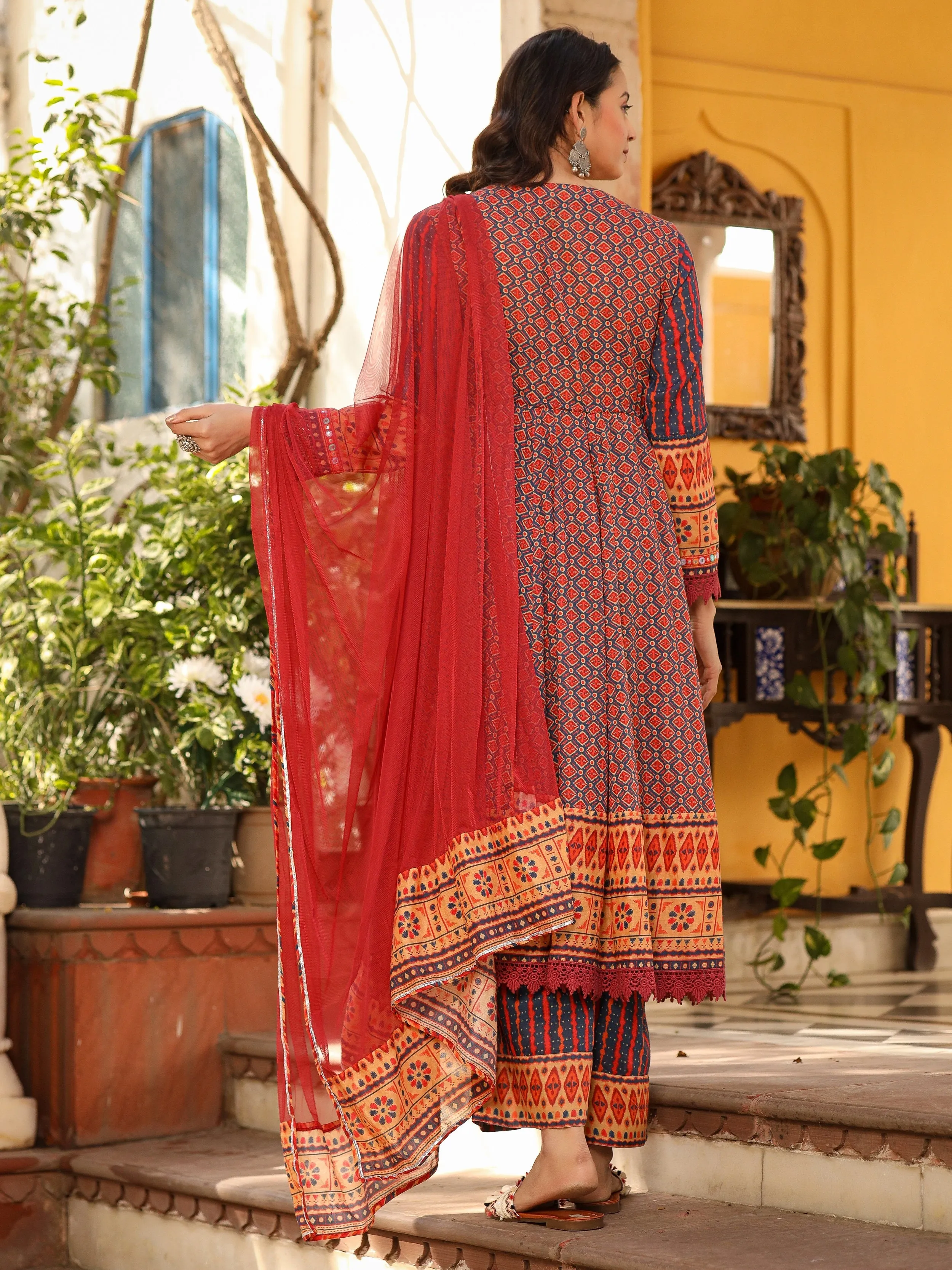 Jashvi Rust Pure Cotton Ikat Printed Alia Cut Anarkali Kurta With Pant And Dupatta Set With Tassels & Thread  Embroidery