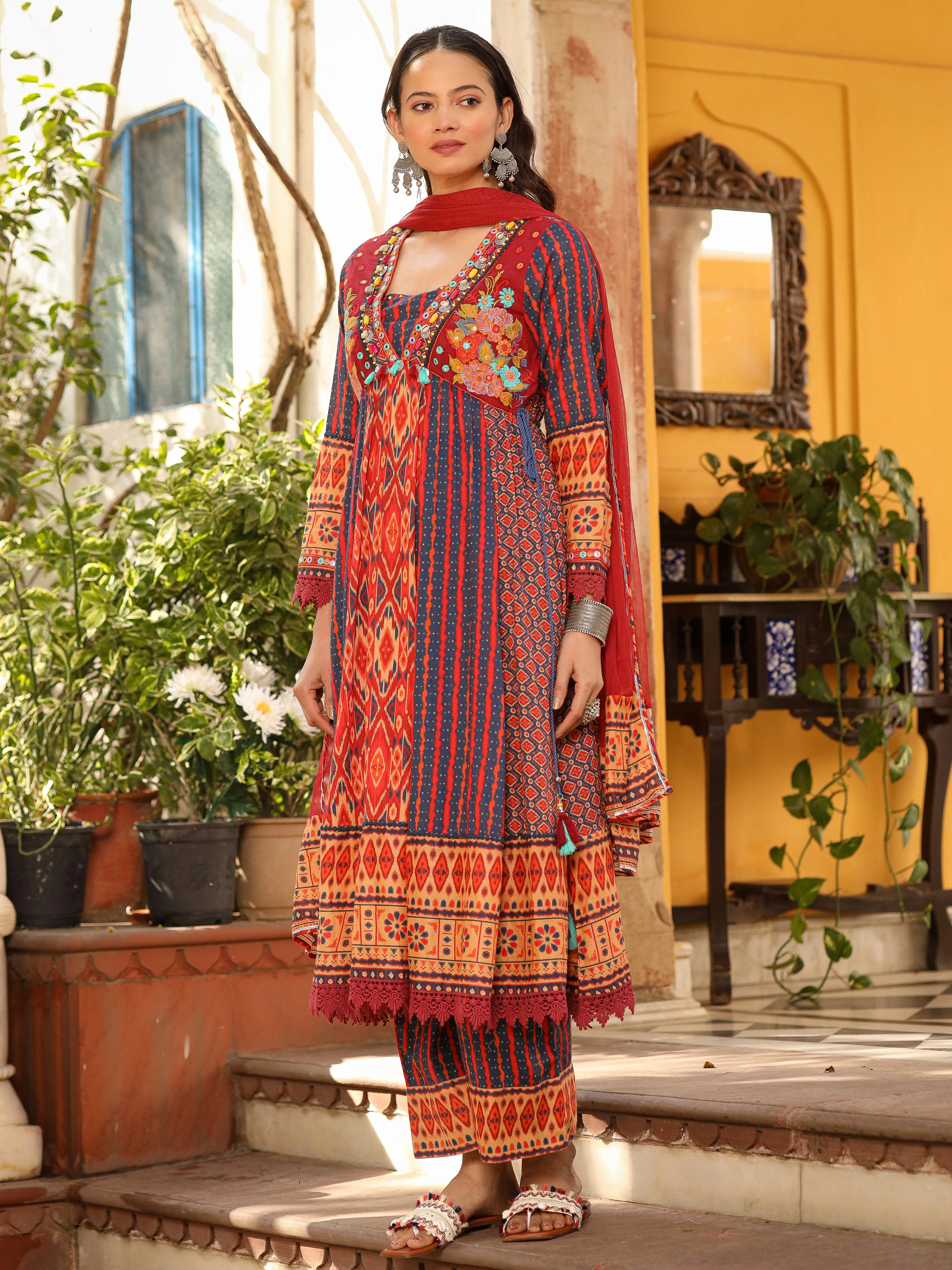 Jashvi Rust Pure Cotton Ikat Printed Alia Cut Anarkali Kurta With Pant And Dupatta Set With Tassels & Thread  Embroidery