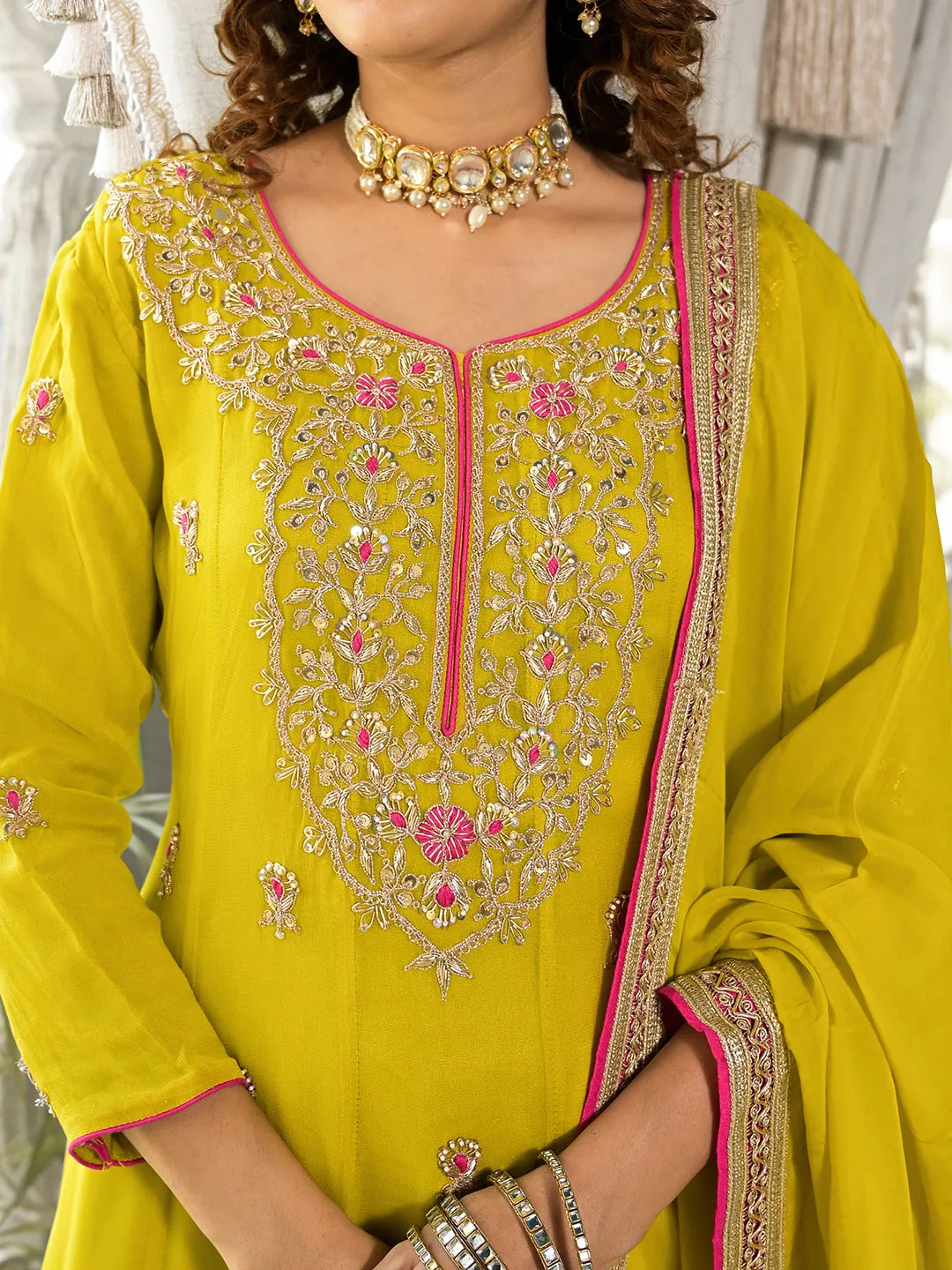 Jashvi Yellow Zardozi Work Pure Georgette Anarkali Kurta Set with Dupatta