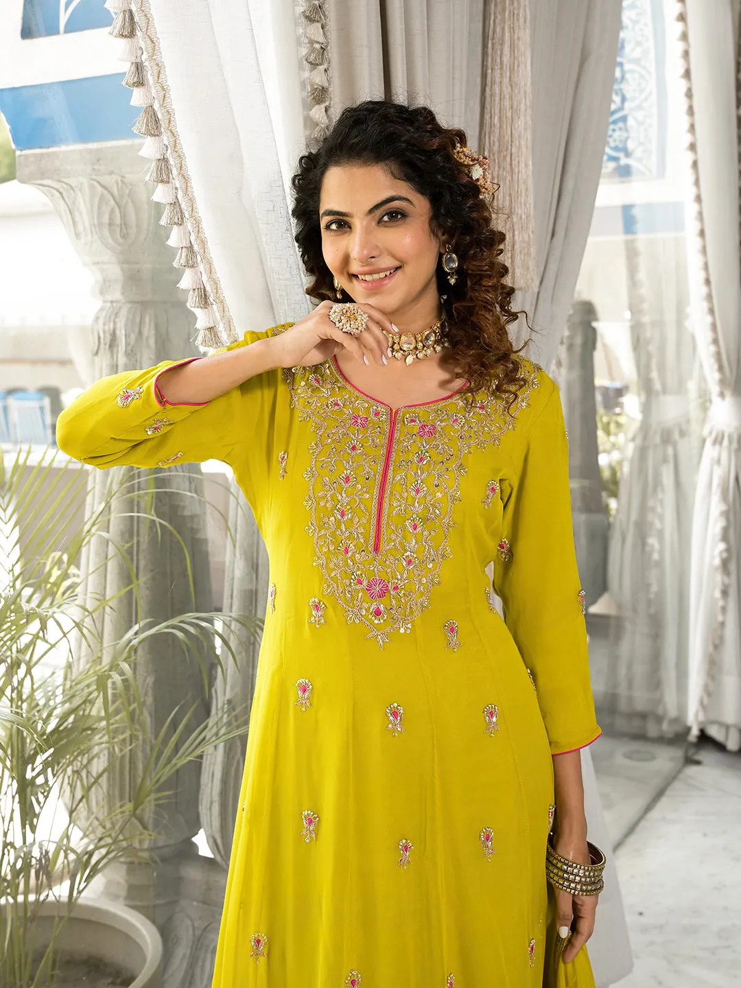 Jashvi Yellow Zardozi Work Pure Georgette Anarkali Kurta Set with Dupatta