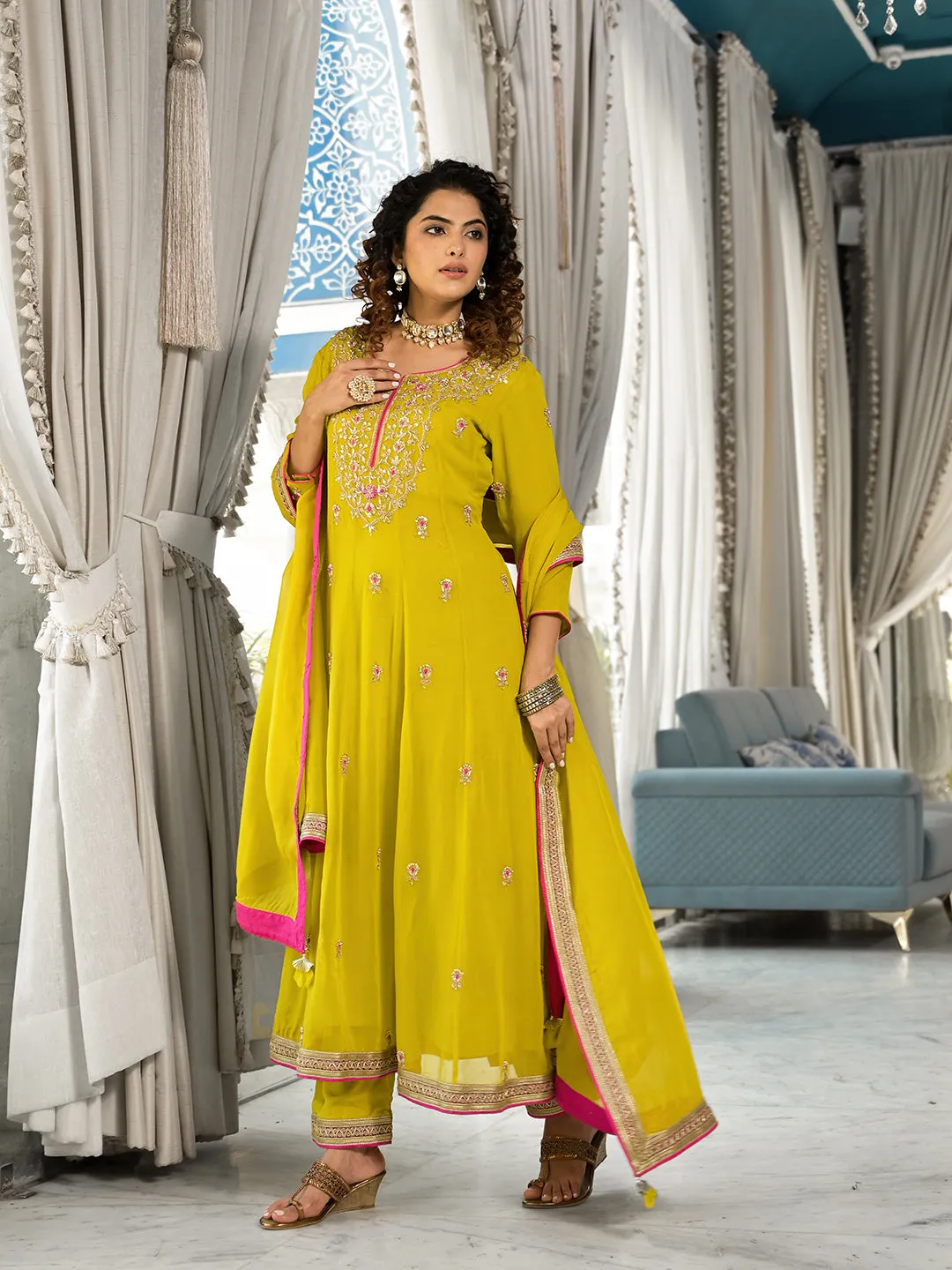 Jashvi Yellow Zardozi Work Pure Georgette Anarkali Kurta Set with Dupatta