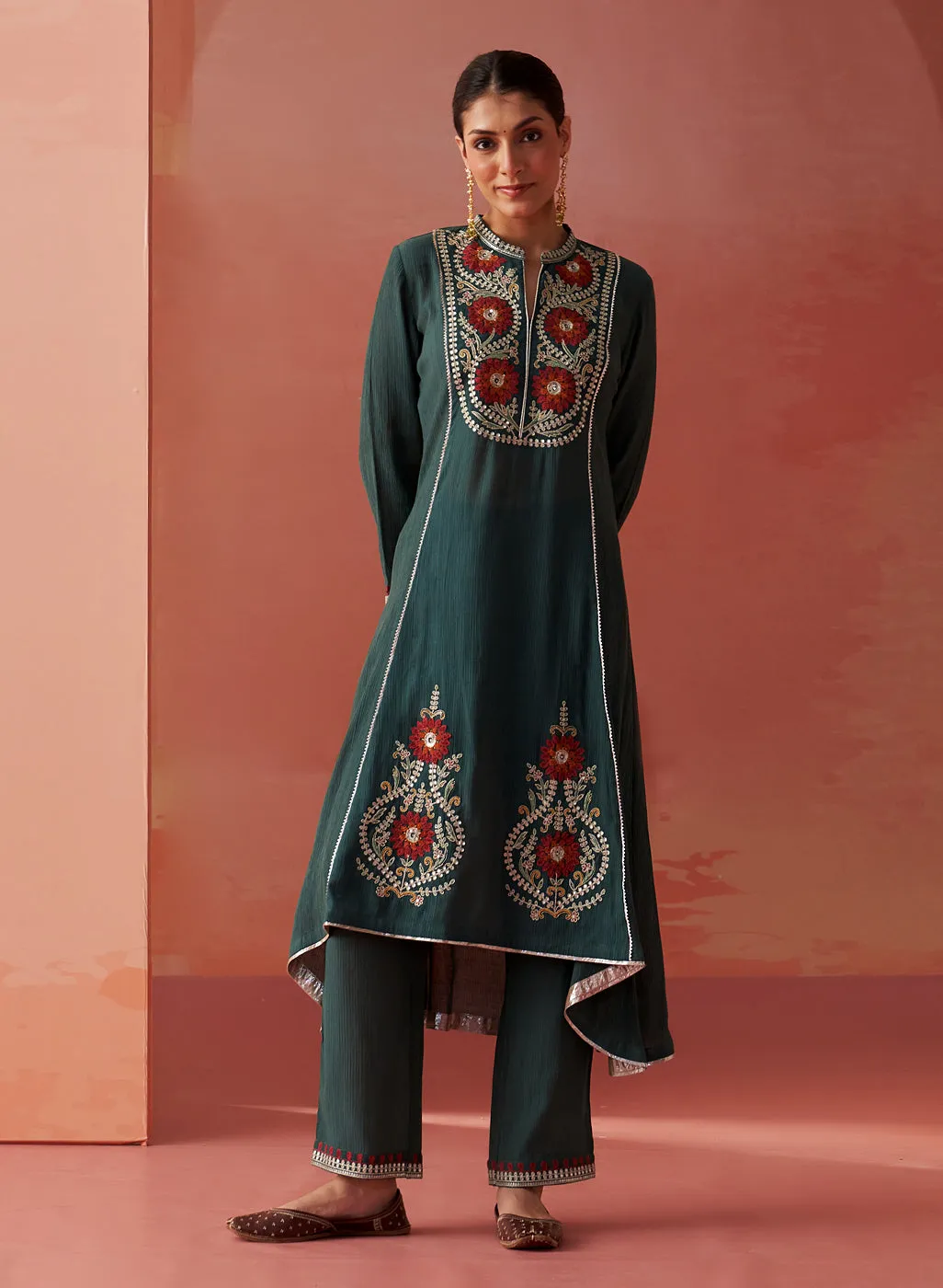 Karima Green Embroidered Viscose Kurta Set for Women