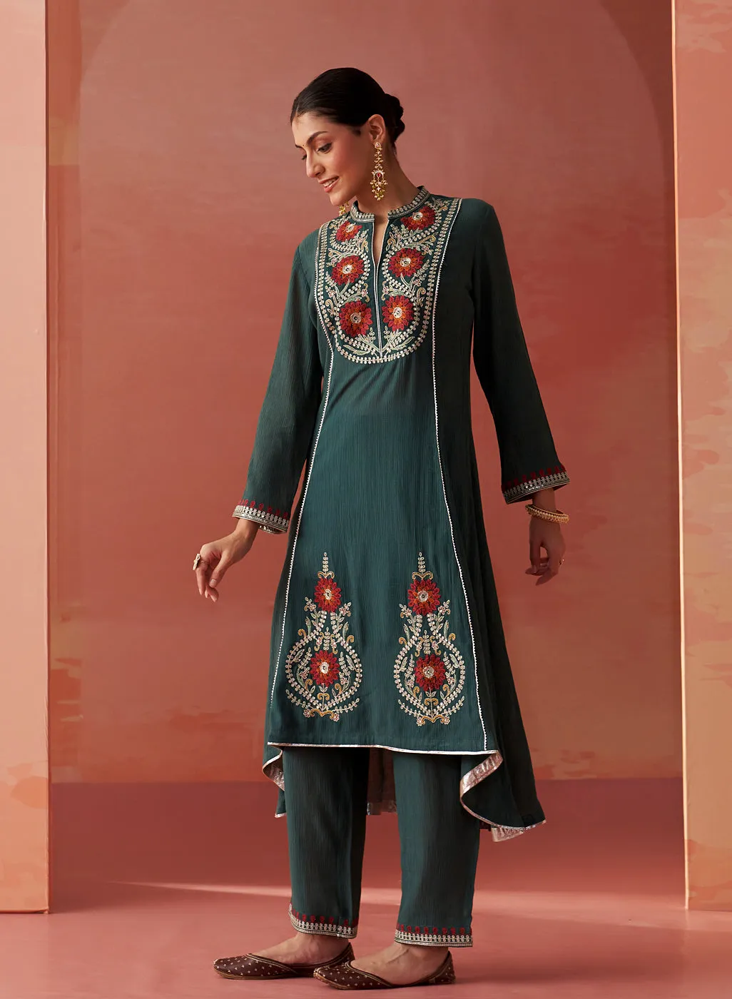 Karima Green Embroidered Viscose Kurta Set for Women