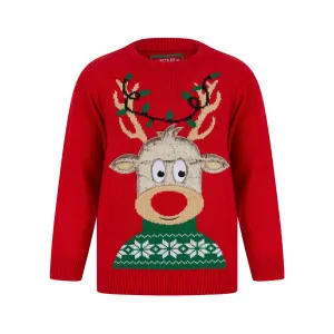 Kids LED Faux Fur Rudolph Christmas Jumper Light Up