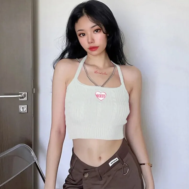 [Korean Style] 6 Colors Y2K Embroidery Chain Crop Halter Knit Top