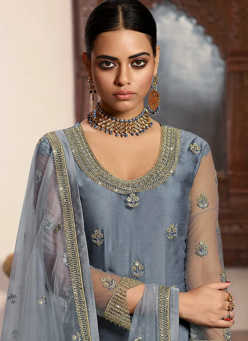 Light Blue Embroidered Net Lehenga/Pant Suit