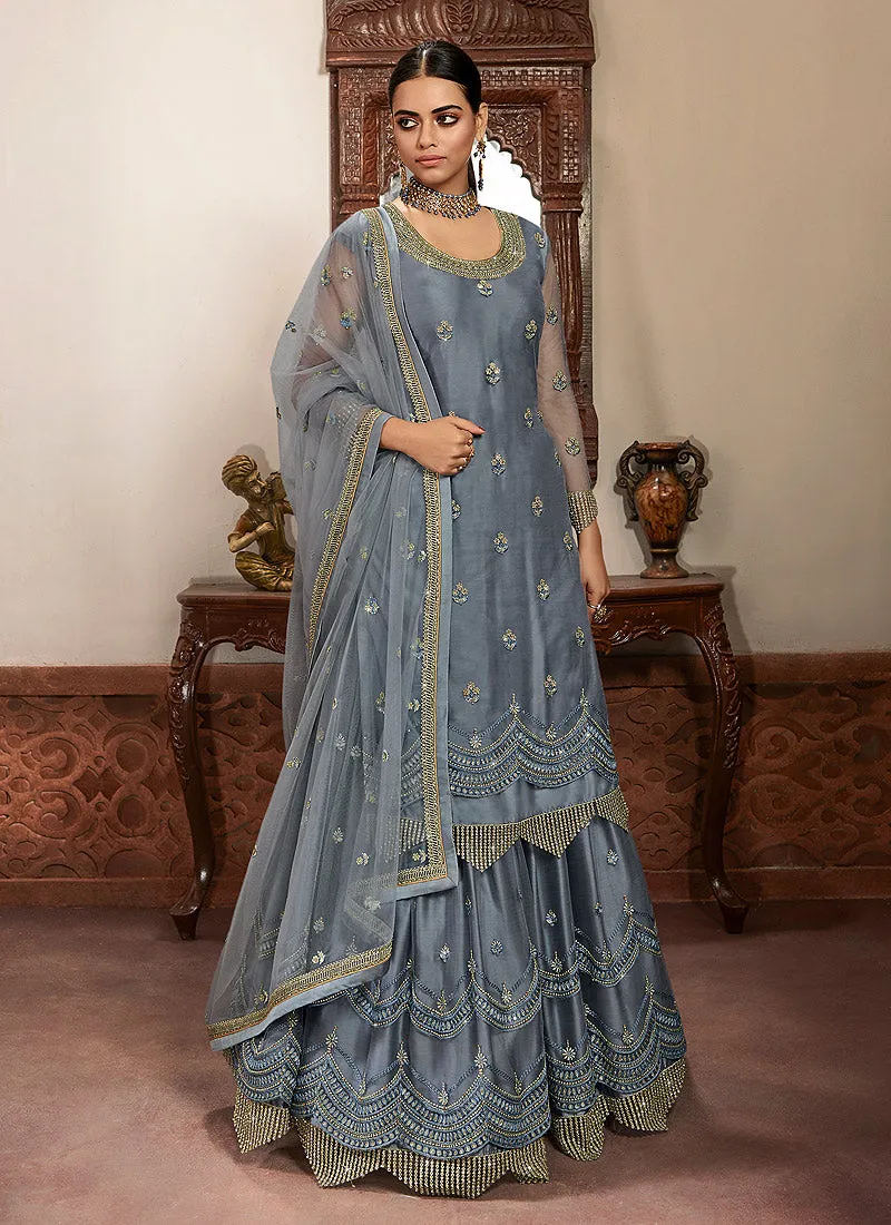 Light Blue Embroidered Net Lehenga/Pant Suit