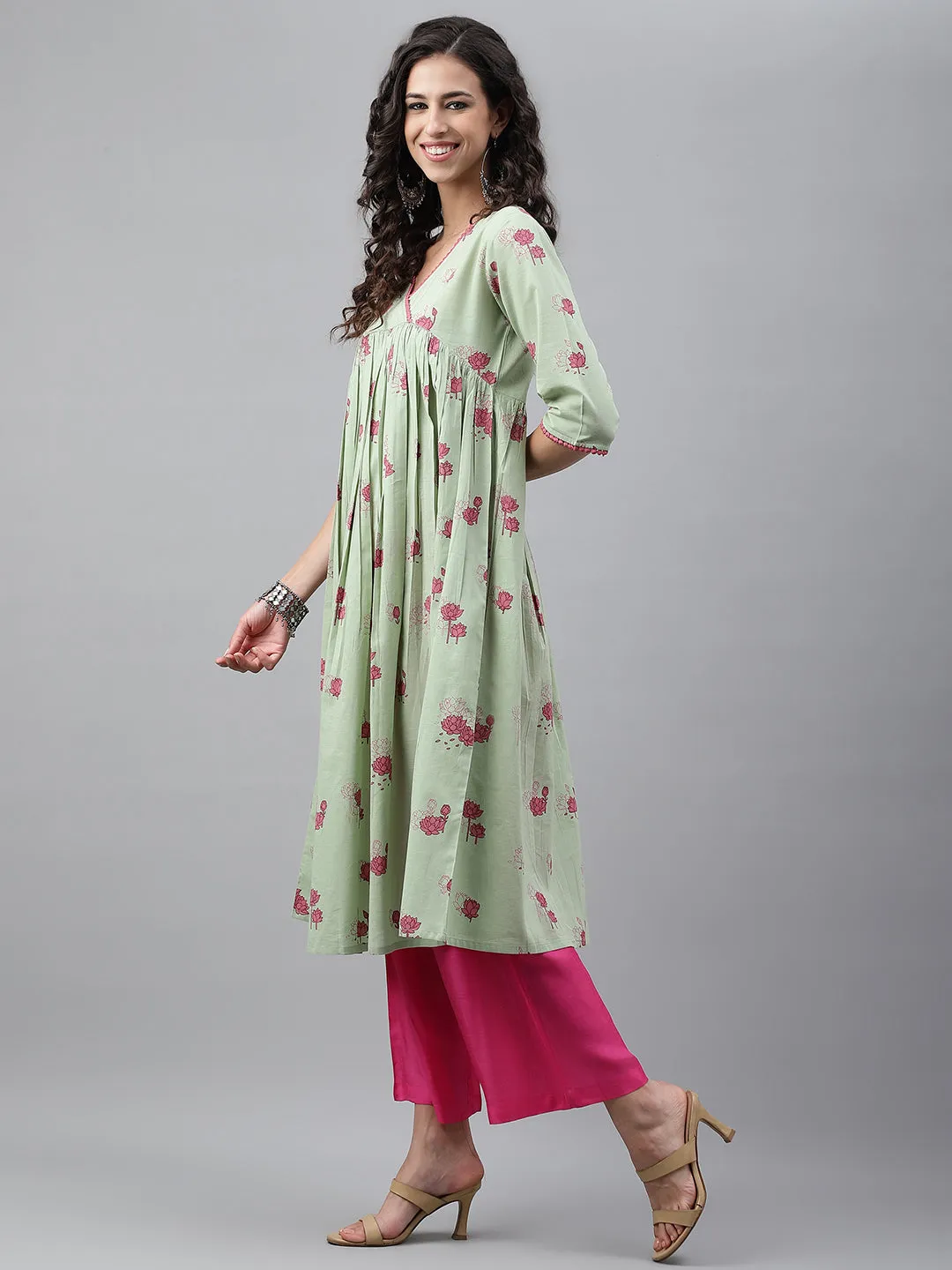 Light Green Cotton Floral Printed Flared Kurta