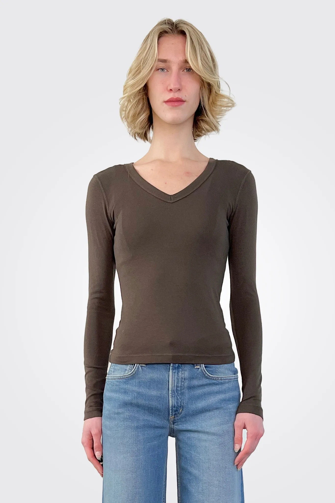 Luxe Long Sleeve V Neck - Chocolate