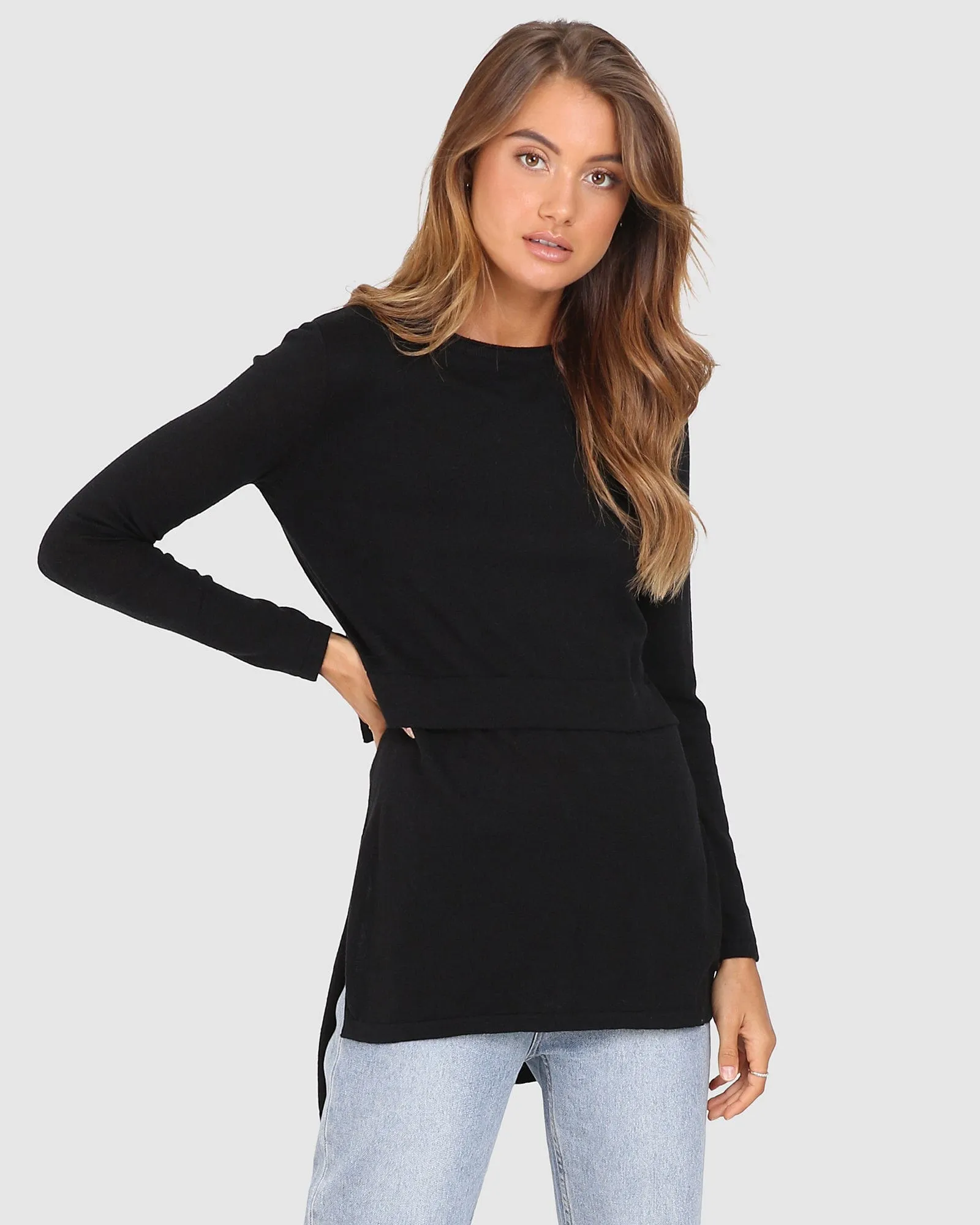 Madison The Label Hana Overlay Knit Top - BLACK