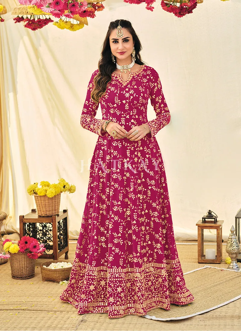 Magenta Embroidered Georgette Indian Anarkali