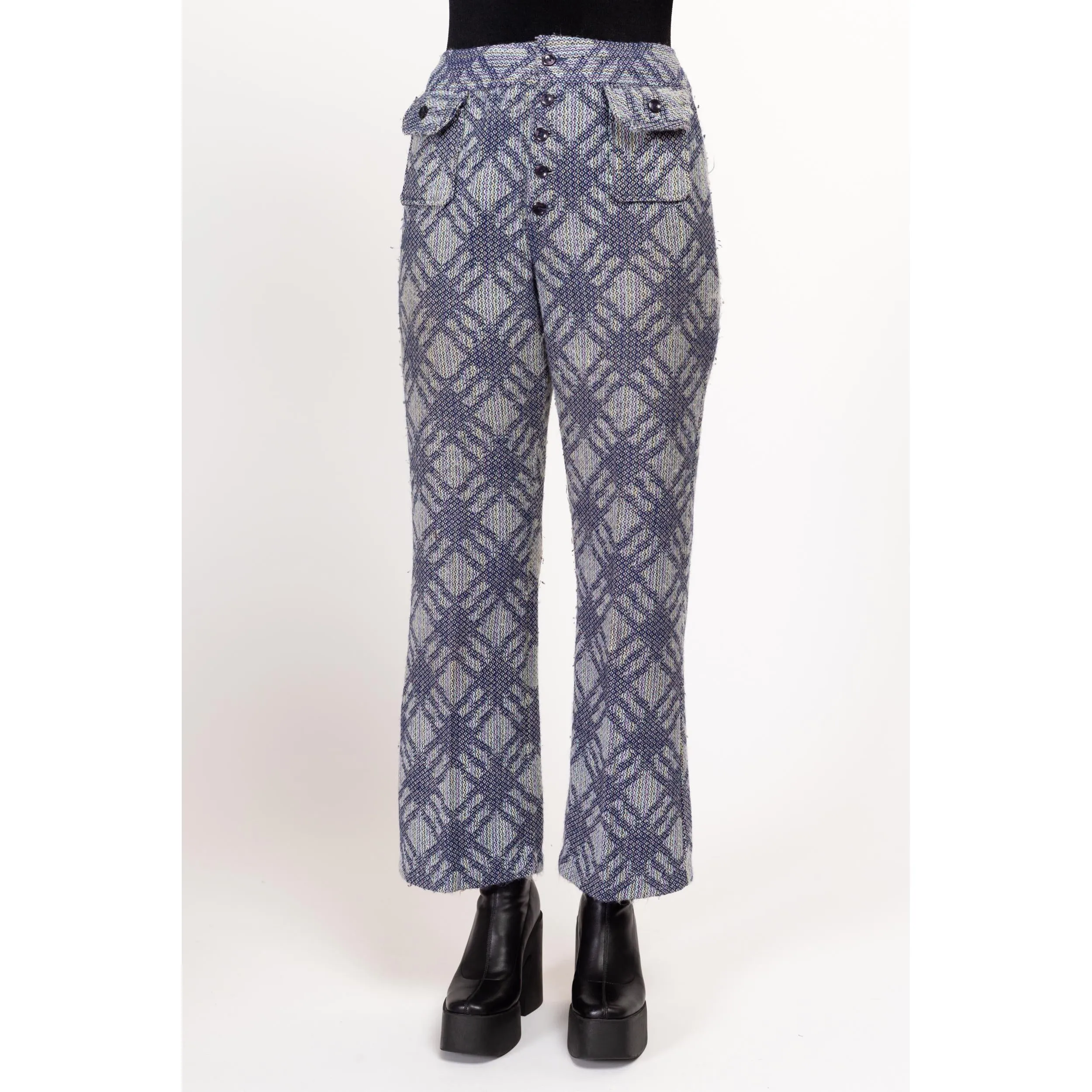 Medium 70s Blue & Pastel Plaid Knit Flared Pants 28"