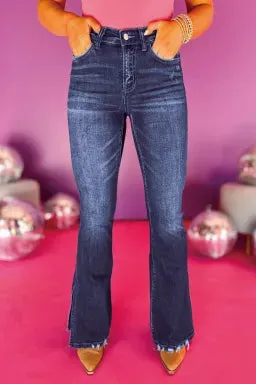 Medium Wash High Waist Split Flared Jeans