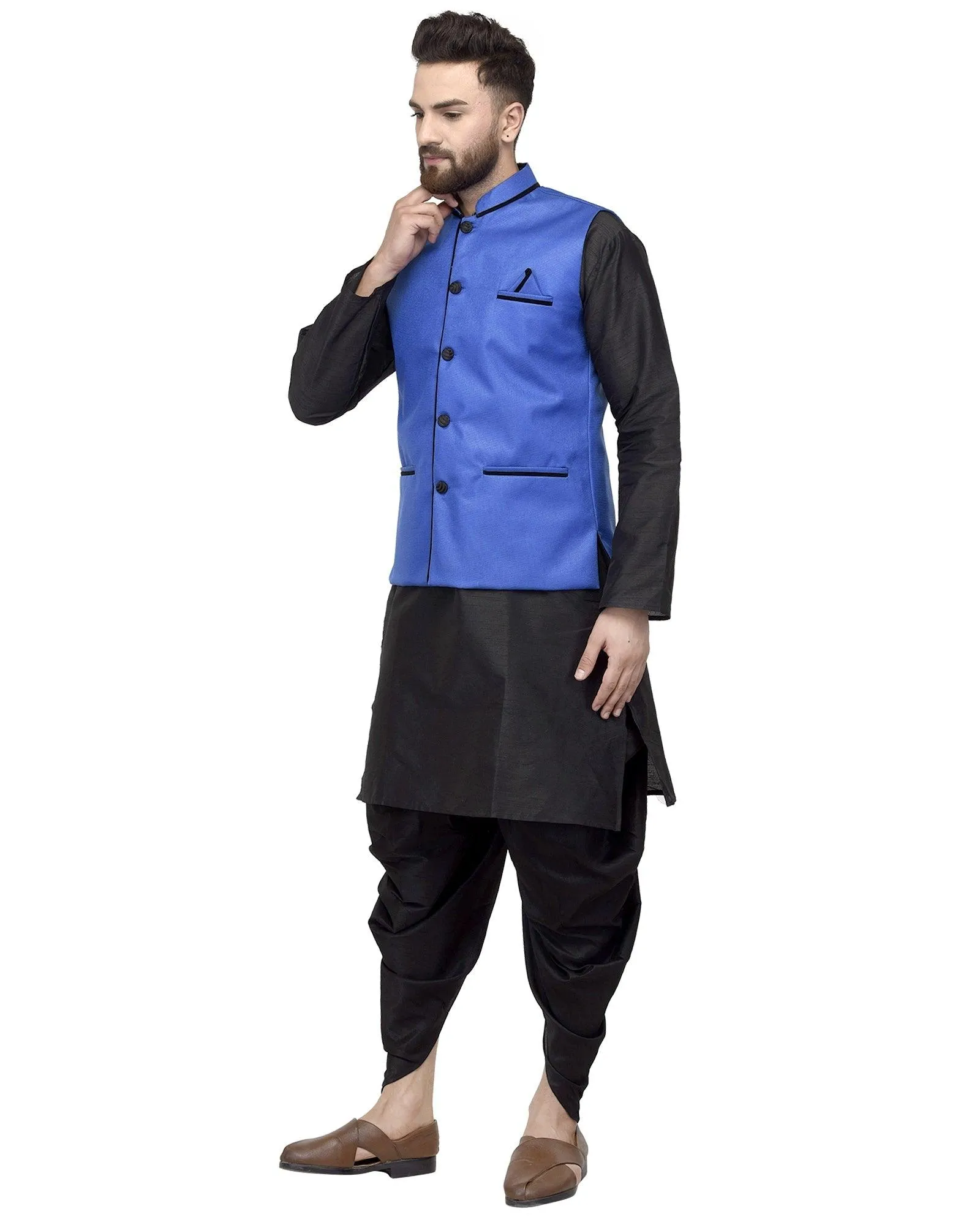 Men's Black Kurta With Dhoti & Royal Blue Solid Nehru Jacket - Benstoke