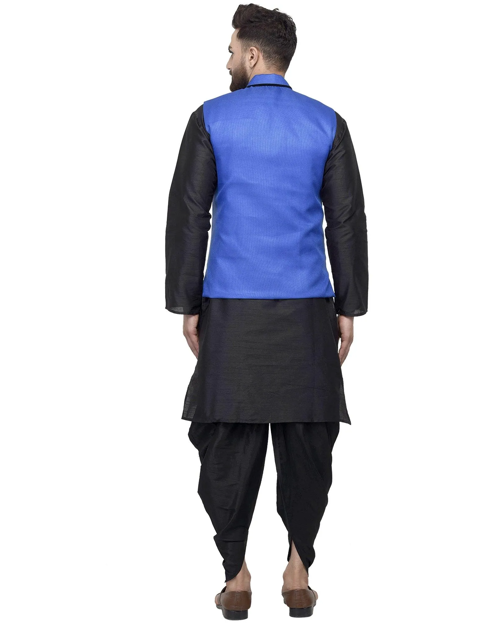 Men's Black Kurta With Dhoti & Royal Blue Solid Nehru Jacket - Benstoke