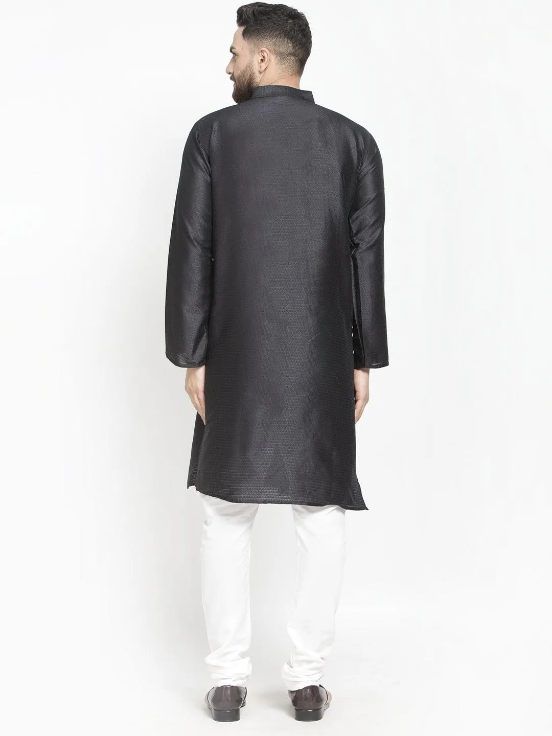 Men's Black Self Design Kurta With White Churidaar Pyjama - Benstoke