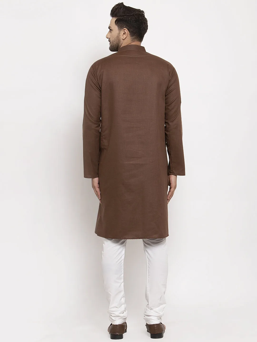 Men's Brown Solid Kurta With White Churidaar Pyjama - Benstoke