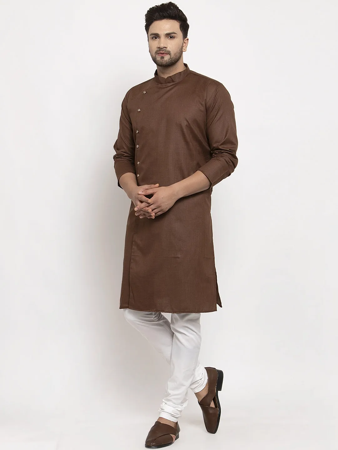 Men's Brown Solid Kurta With White Churidaar Pyjama - Benstoke