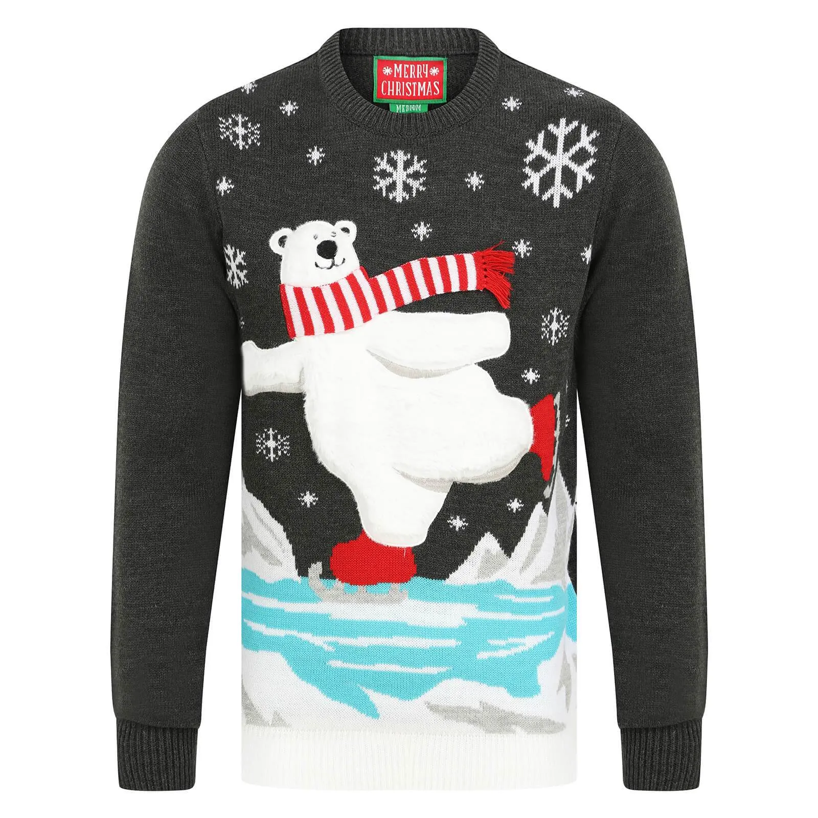 Mens Christmas Jumper Polar Bear Ice Skating With Striped Scarf