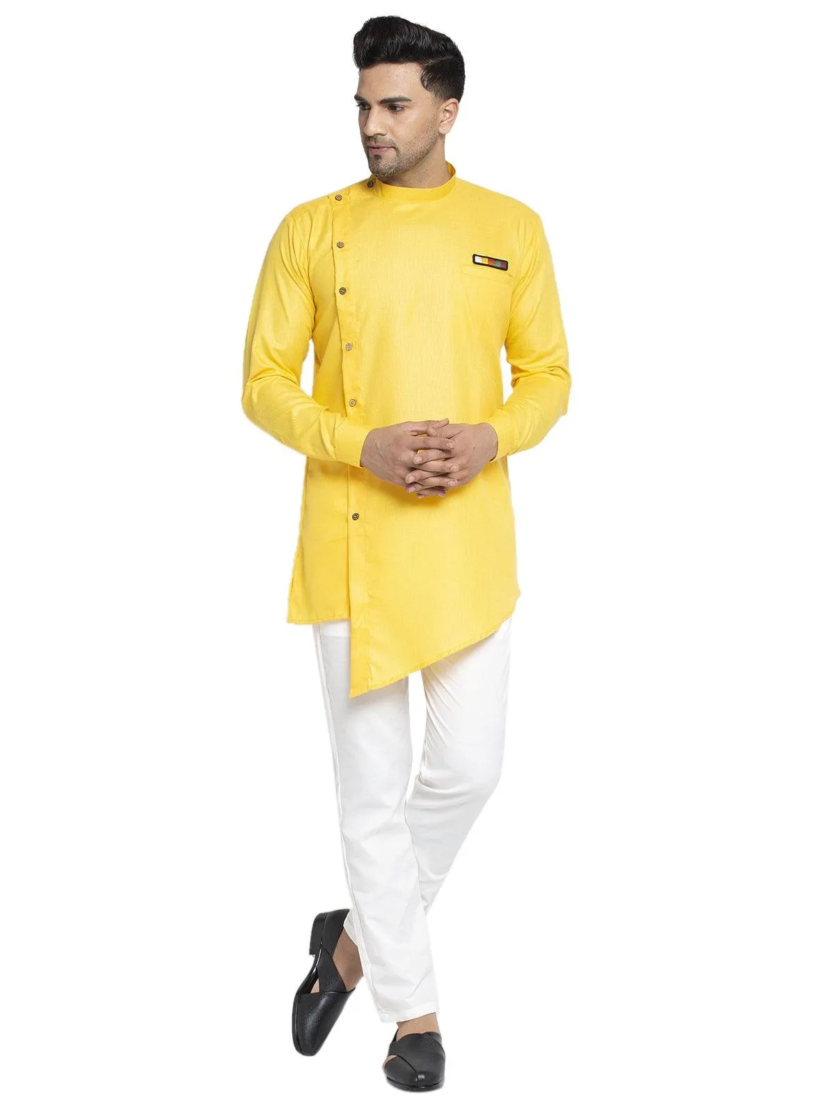 Men's Cotton Yellow Asymmetric Solid Kurta With White Trousers - Benstoke