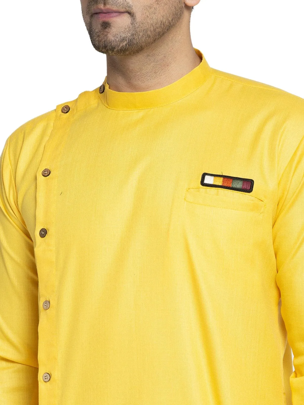 Men's Cotton Yellow Asymmetric Solid Kurta With White Trousers - Benstoke