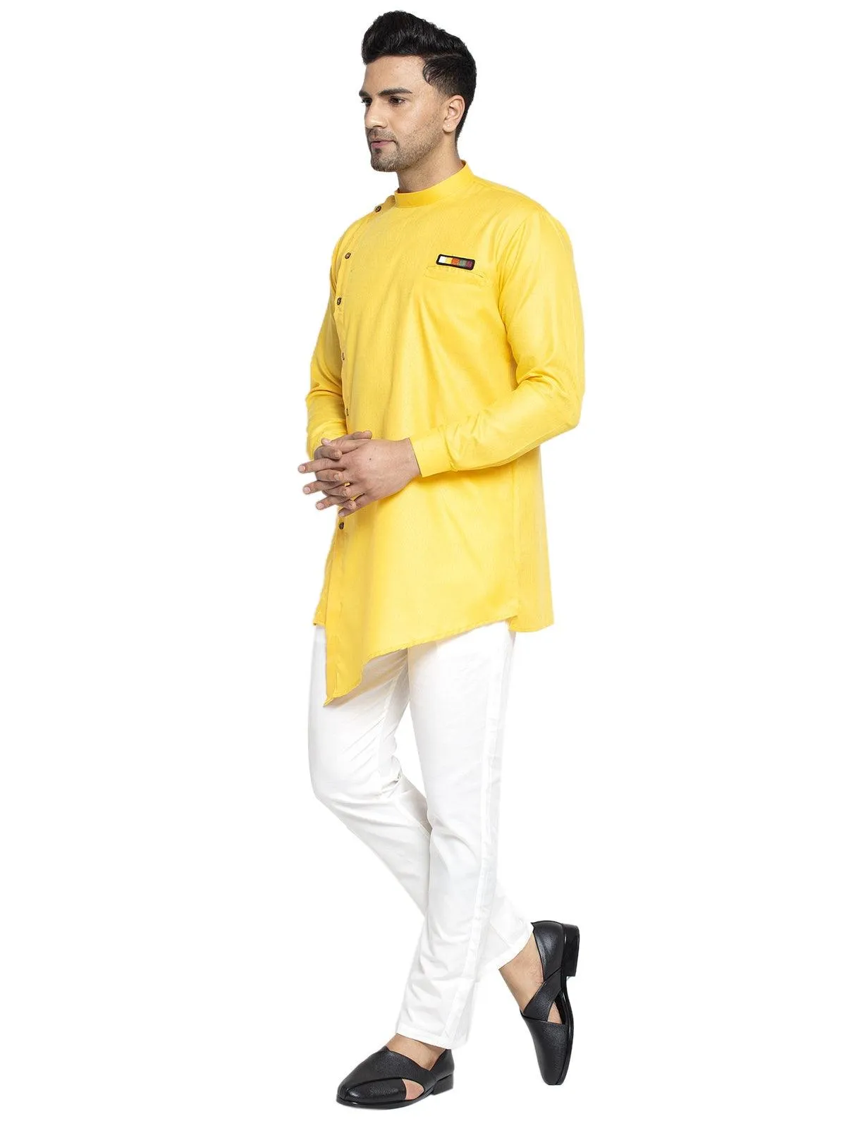 Men's Cotton Yellow Asymmetric Solid Kurta With White Trousers - Benstoke