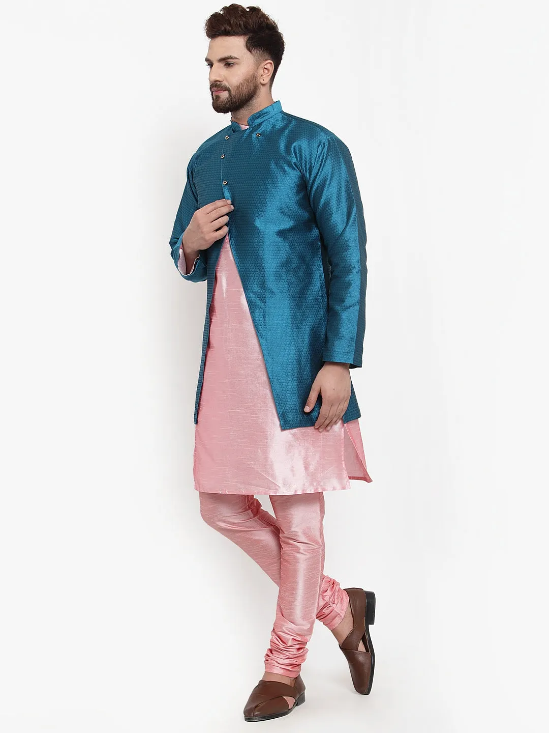 Men's Grey Kurta With Pyjama & Peacok Blue Self Design Jacket - Benstoke