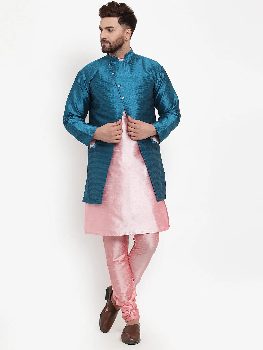 Men's Grey Kurta With Pyjama & Peacok Blue Self Design Jacket - Benstoke