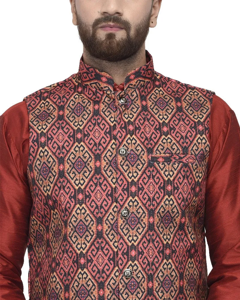 Men's Maroon Kurta With Dhoti & Multi Printed Nehru Jacket - Benstoke