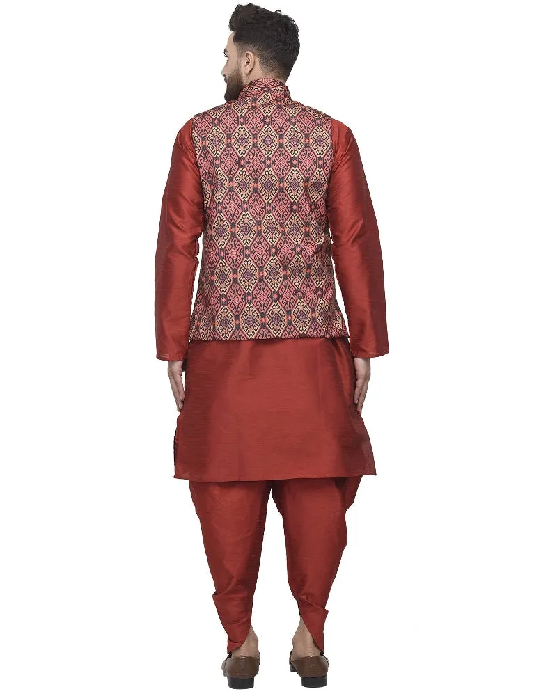 Men's Maroon Kurta With Dhoti & Multi Printed Nehru Jacket - Benstoke