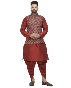 Men's Maroon Kurta With Dhoti & Multi Printed Nehru Jacket - Benstoke