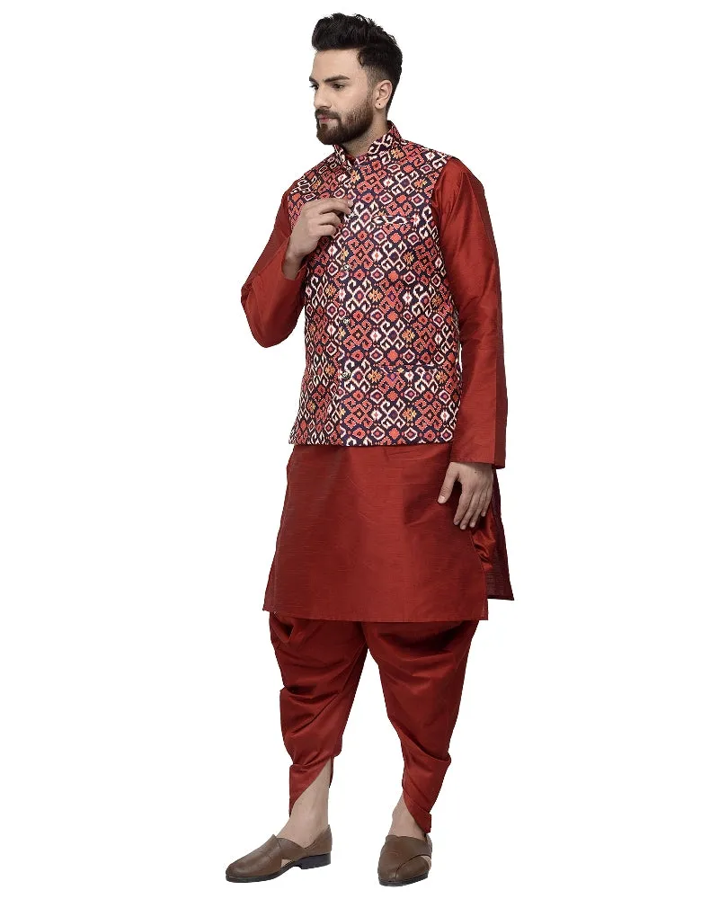 Men's Maroon Kurta With Dhoti & Navy Printed Nehru Jacket - Benstoke