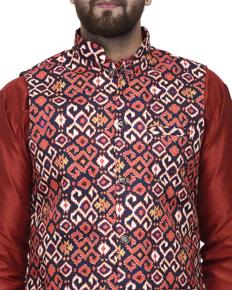 Men's Maroon Kurta With Dhoti & Navy Printed Nehru Jacket - Benstoke