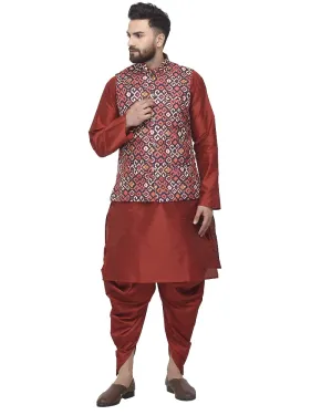 Men's Maroon Kurta With Dhoti & Navy Printed Nehru Jacket - Benstoke