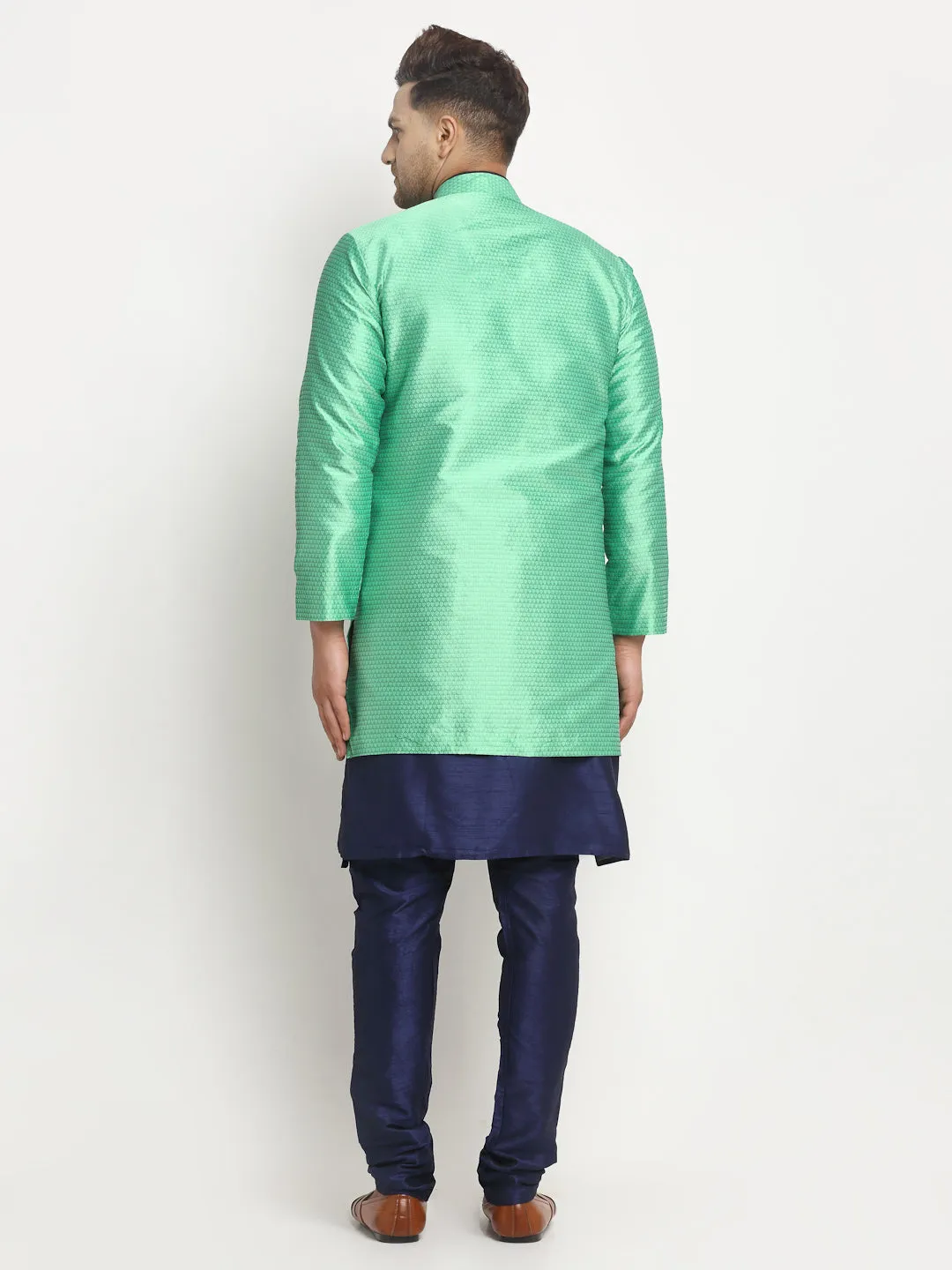 Men's Navy Blue Kurta With Pyjama & Sea Green Self Design Jacket - Benstoke