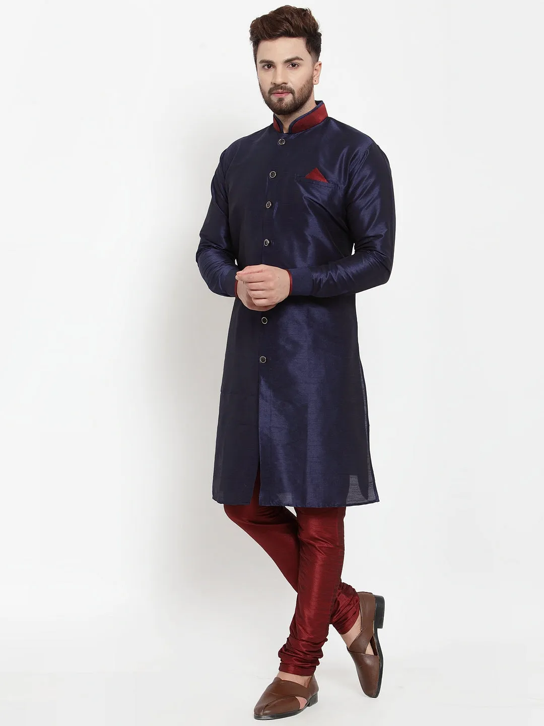 Men's Navy Blue Solid Kurta With Maroon Churidaar Pyjama Set - Benstoke