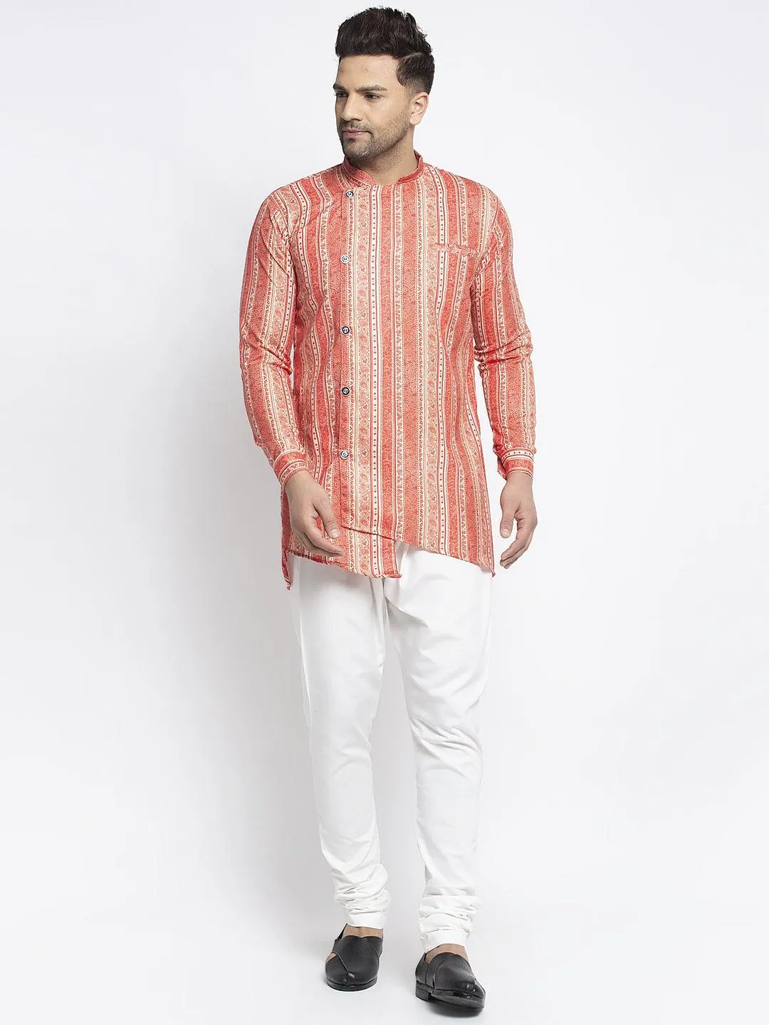 Men's Orange & Beige Printed Short Kurta With White Pyjama - Benstoke