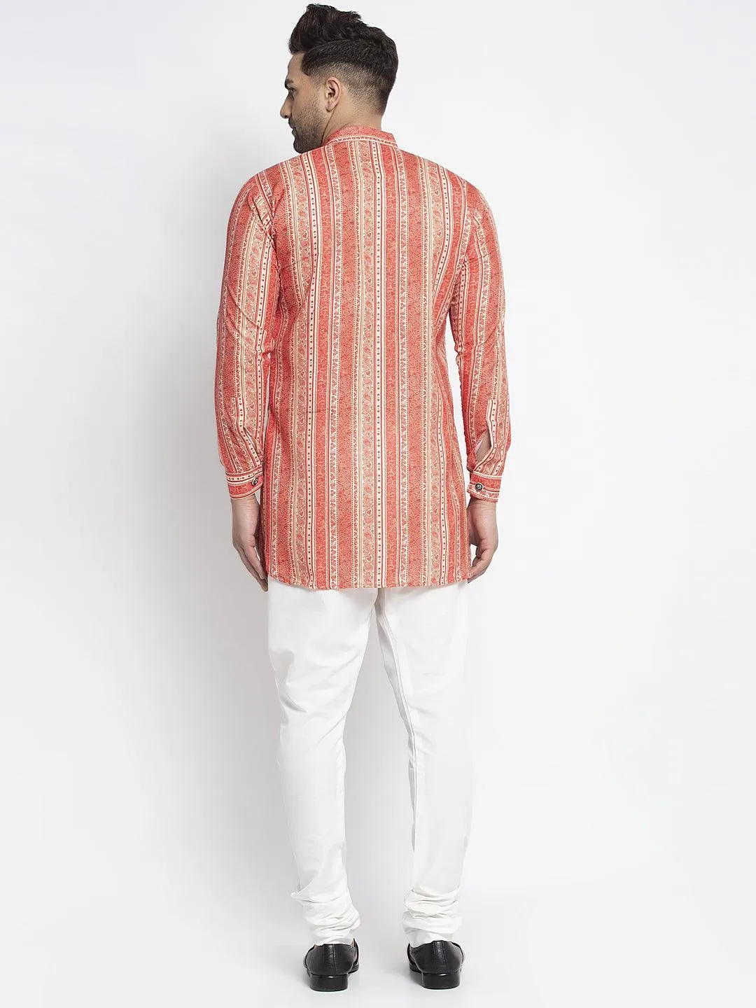 Men's Orange & Beige Printed Short Kurta With White Pyjama - Benstoke